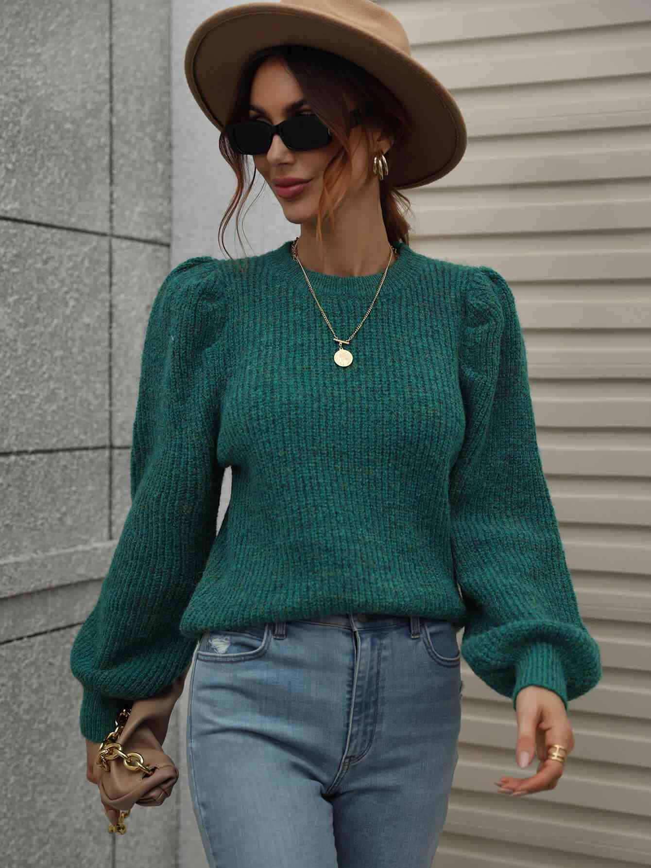 Woven Right Heathered Long Lantern Sleeve Rib-Knit Sweater Green