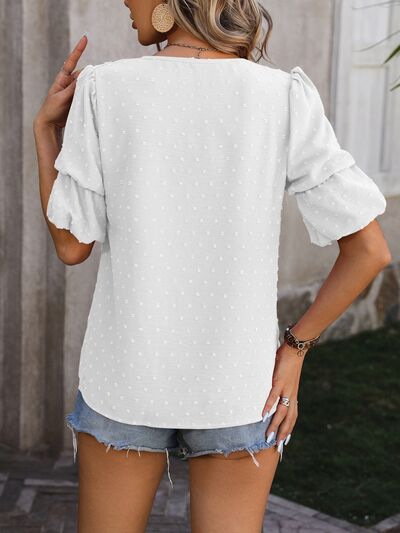 Swiss Dot V-Neck Short Sleeve Blouse