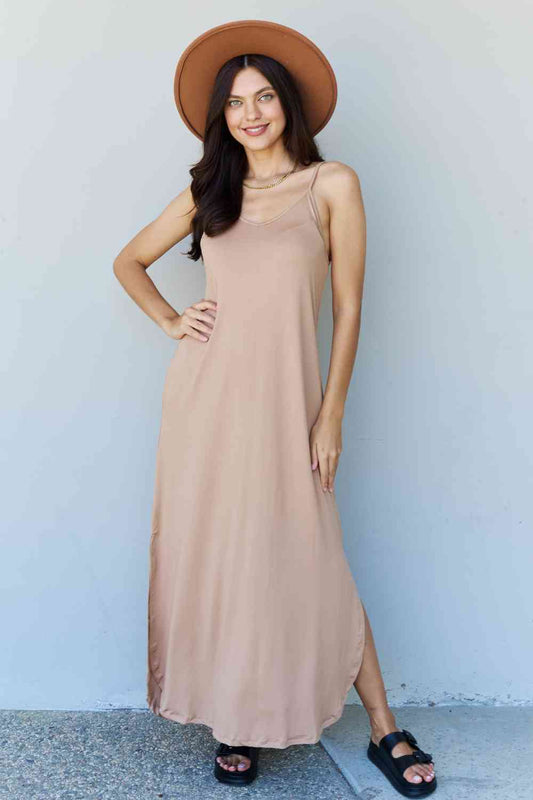 Ninexis Good Energy Full Size Cami Side Slit Maxi Dress in Camel Camel