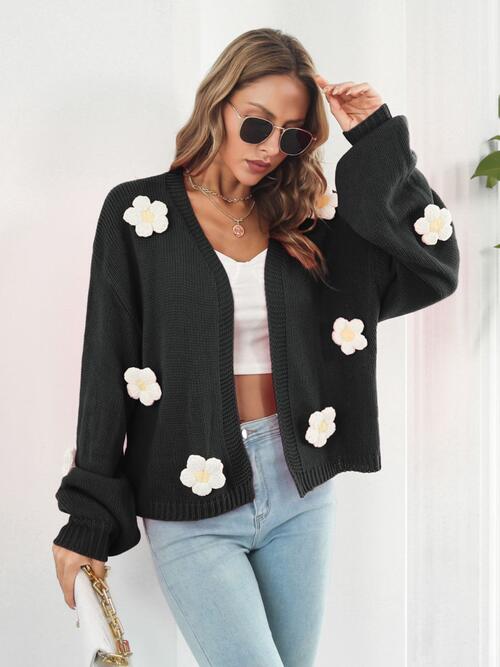 Floral Open Front Long Sleeve Cardigan Black