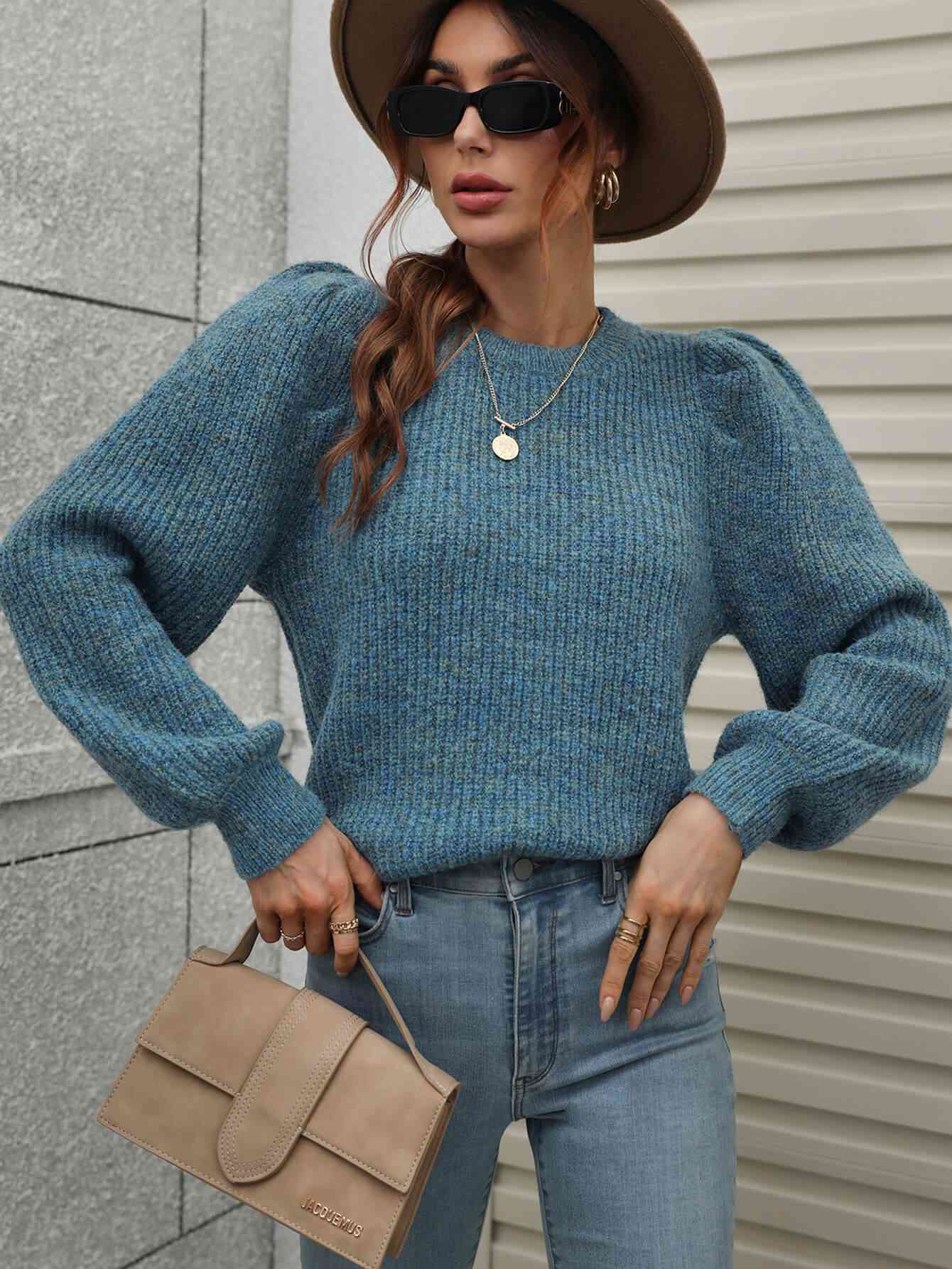 Woven Right Heathered Long Lantern Sleeve Rib-Knit Sweater Steal