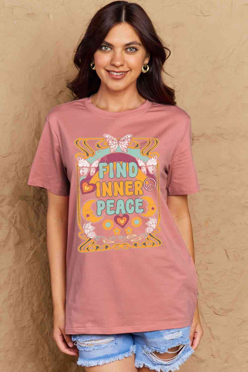 Simply Love Full Size FIND INNER PEACE Graphic Cotton T-Shirt Dusty Pink