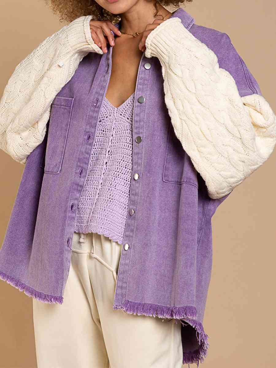 Cable-Knit Raw Hem Denim Jacket Dusty Purple