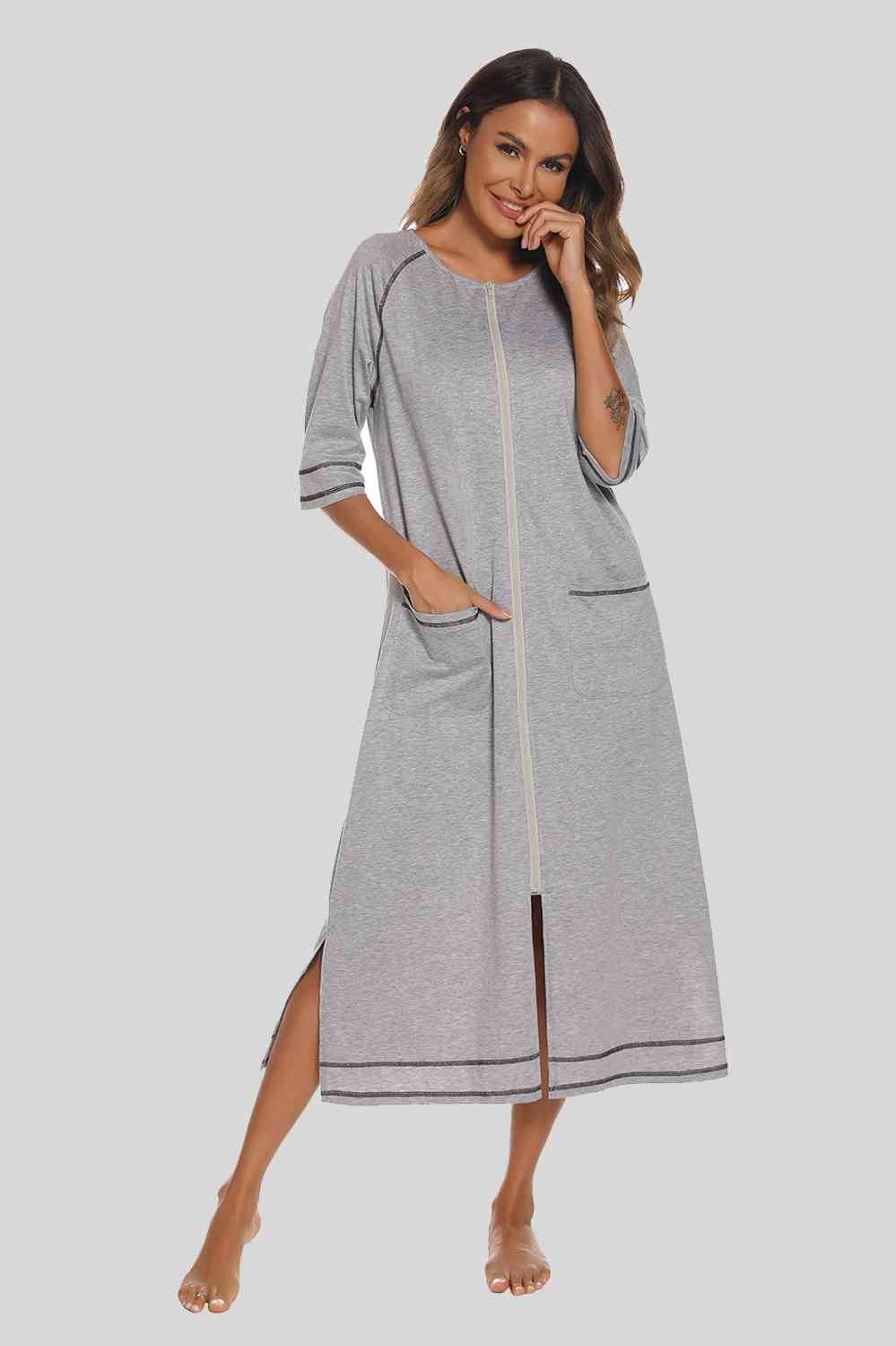 Zip Up Slit Round Neck Night Dress with Pockets Heather Gray