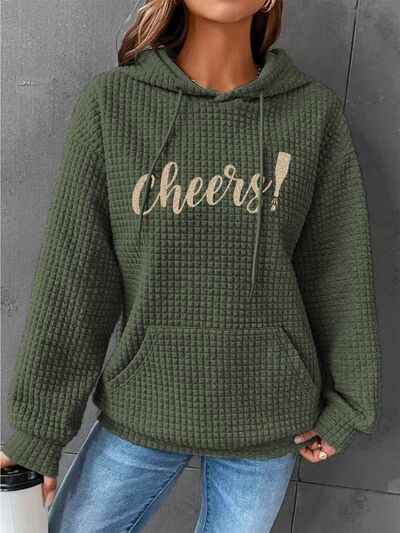 Full Size CHEERS Waffle-Knit Drawstring Hoodie Army Green