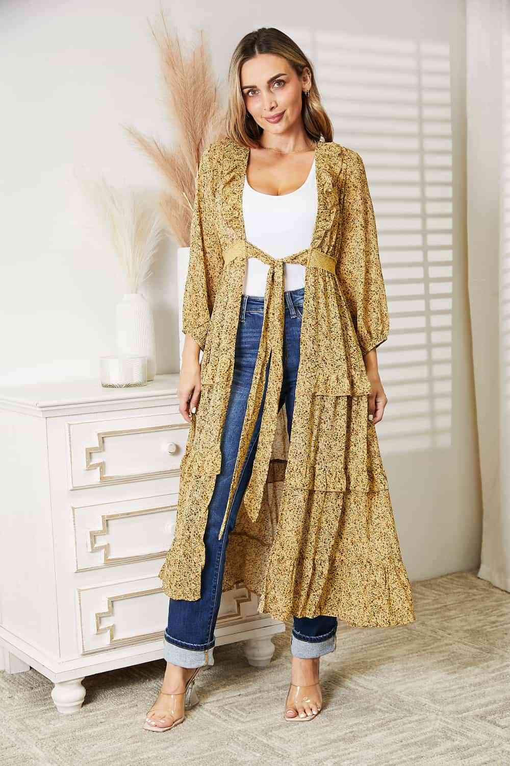 HEYSON Full Size Tie Front Ruffled Duster Cardigan Honey