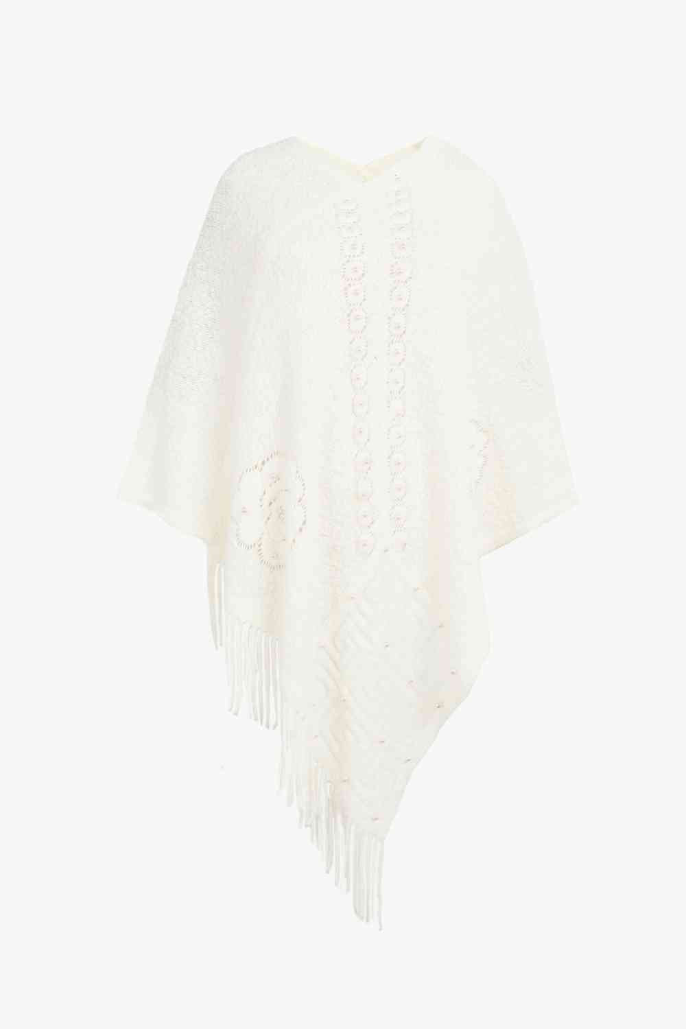 Pearl Trim Fringe Hem Poncho White One Size