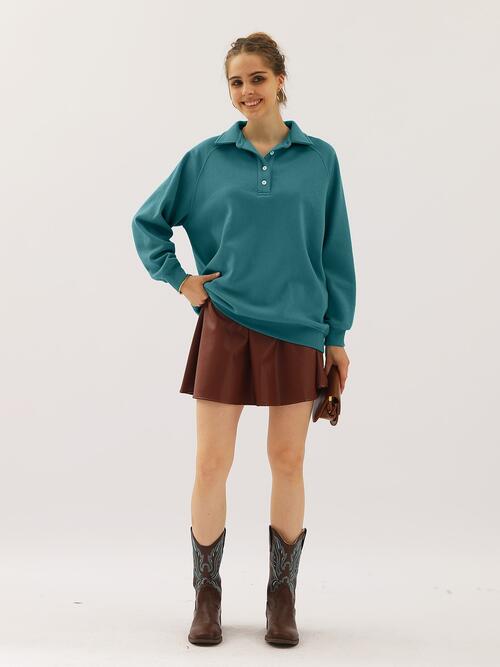 Ninexis Full Size Quarter-Button Collared Sweatshirt Sky Blue