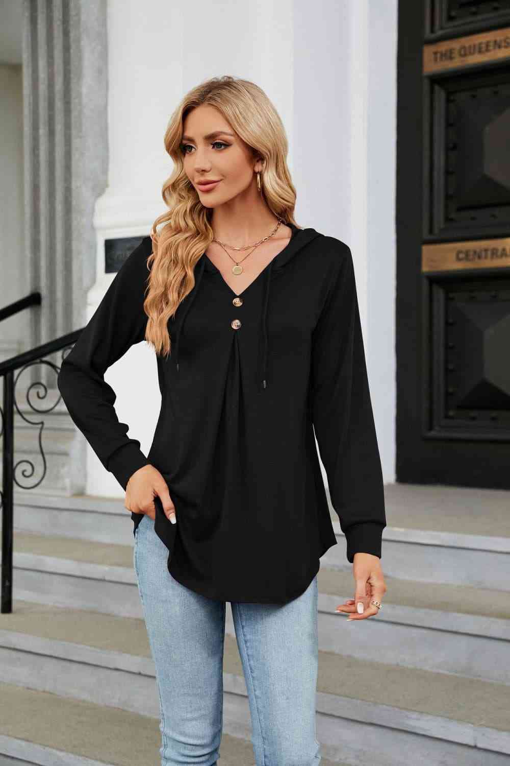 Long Sleeve Hooded Blouse Black