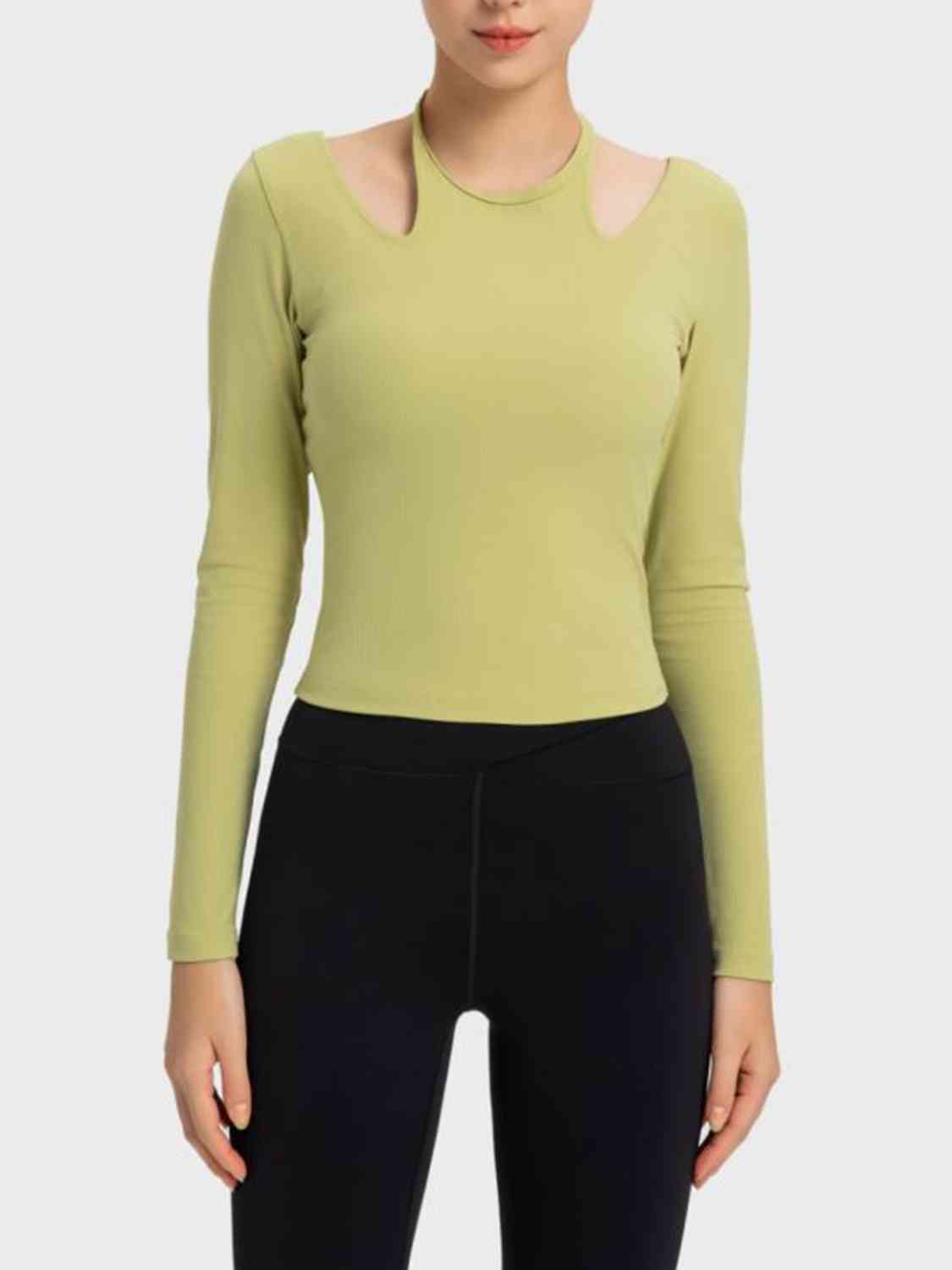 Halter Neck Long Sleeve Sporty Top Chartreuse