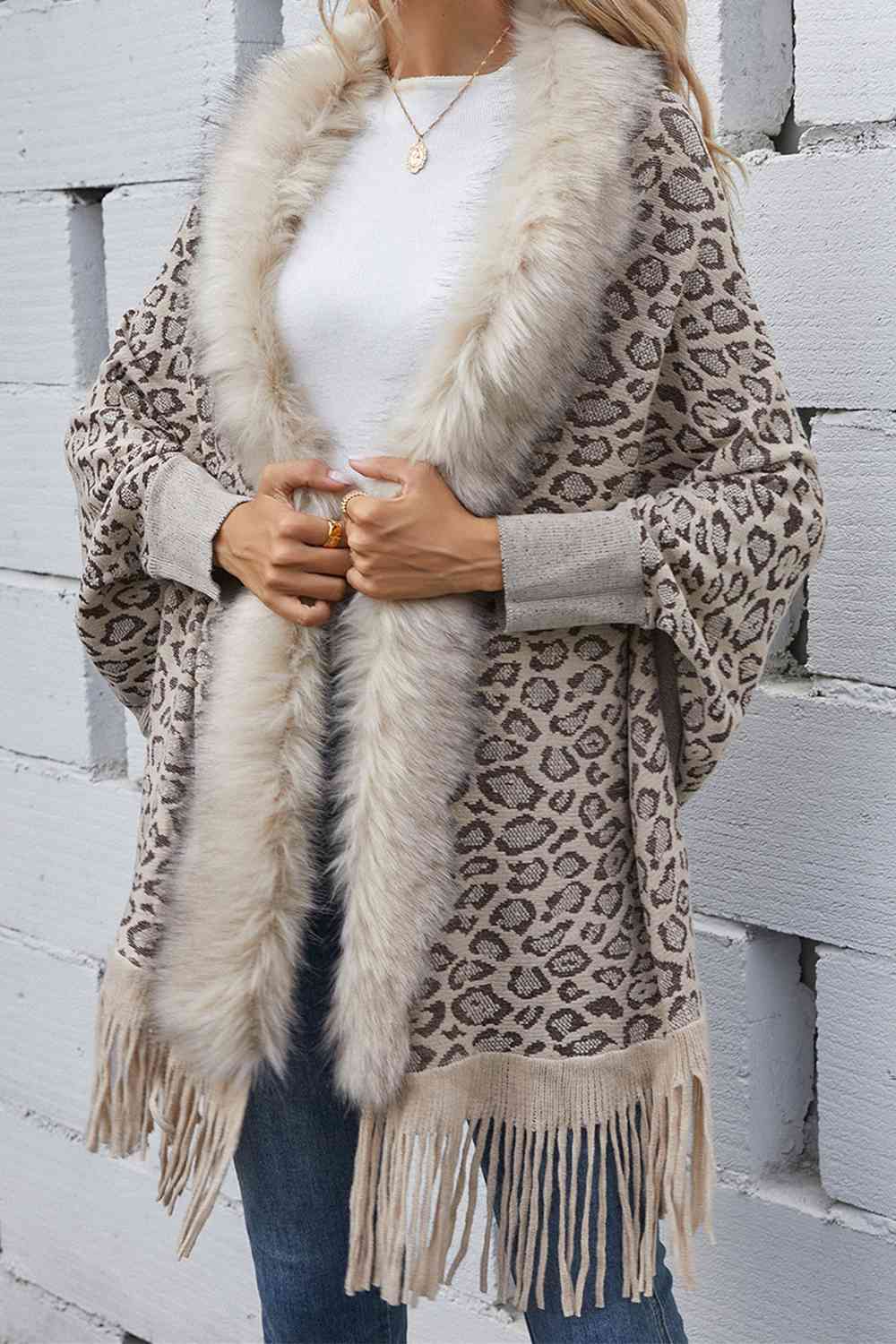 Leopard Fringe Detail Poncho Ivory