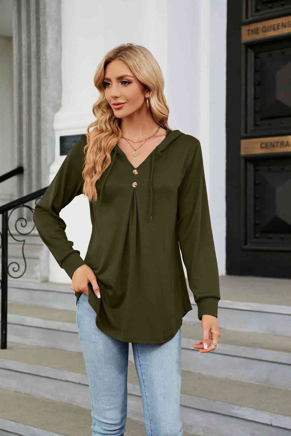 Long Sleeve Hooded Blouse Army Green