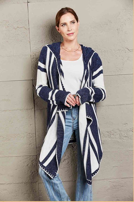 Woven Right Striped Open Front Hooded Cardigan Blue
