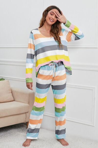 Striped Round Neck Long Sleeve Top and Drawstring Pants Lounge Set Charcoal