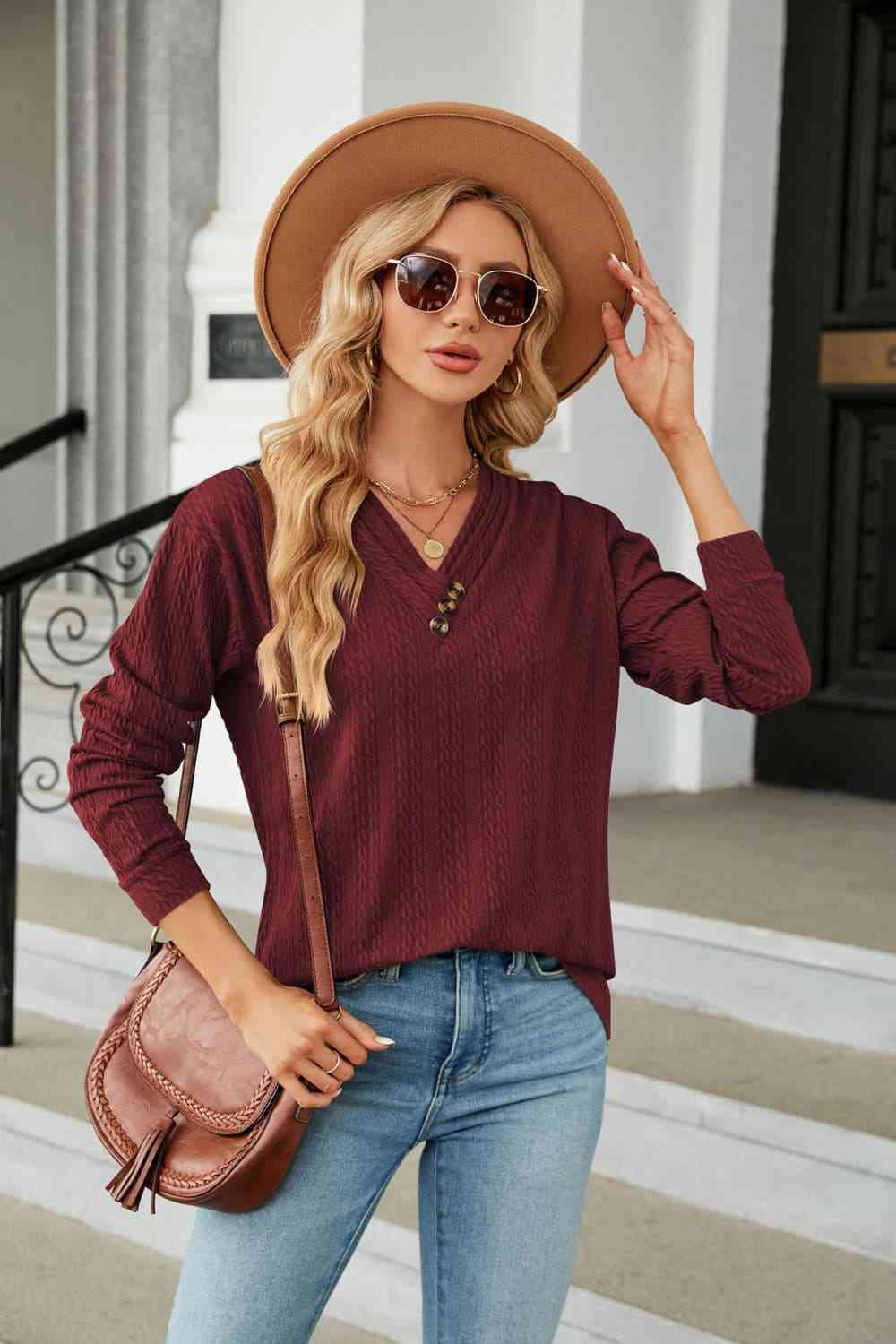 Decorative Button V-Neck Long Sleeve T-Shirt Wine