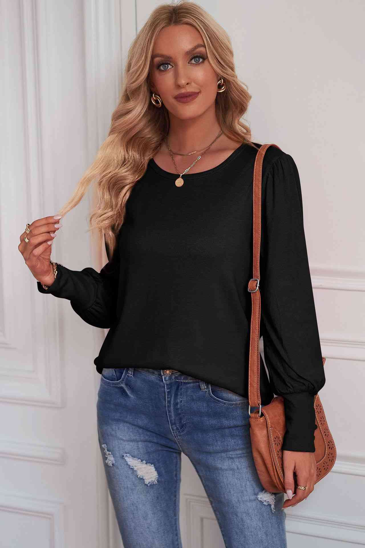 Round Neck Puff Sleeve T-Shirt Black