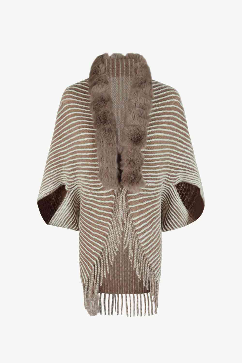 Striped Open Front Fringe Poncho Taupe One Size