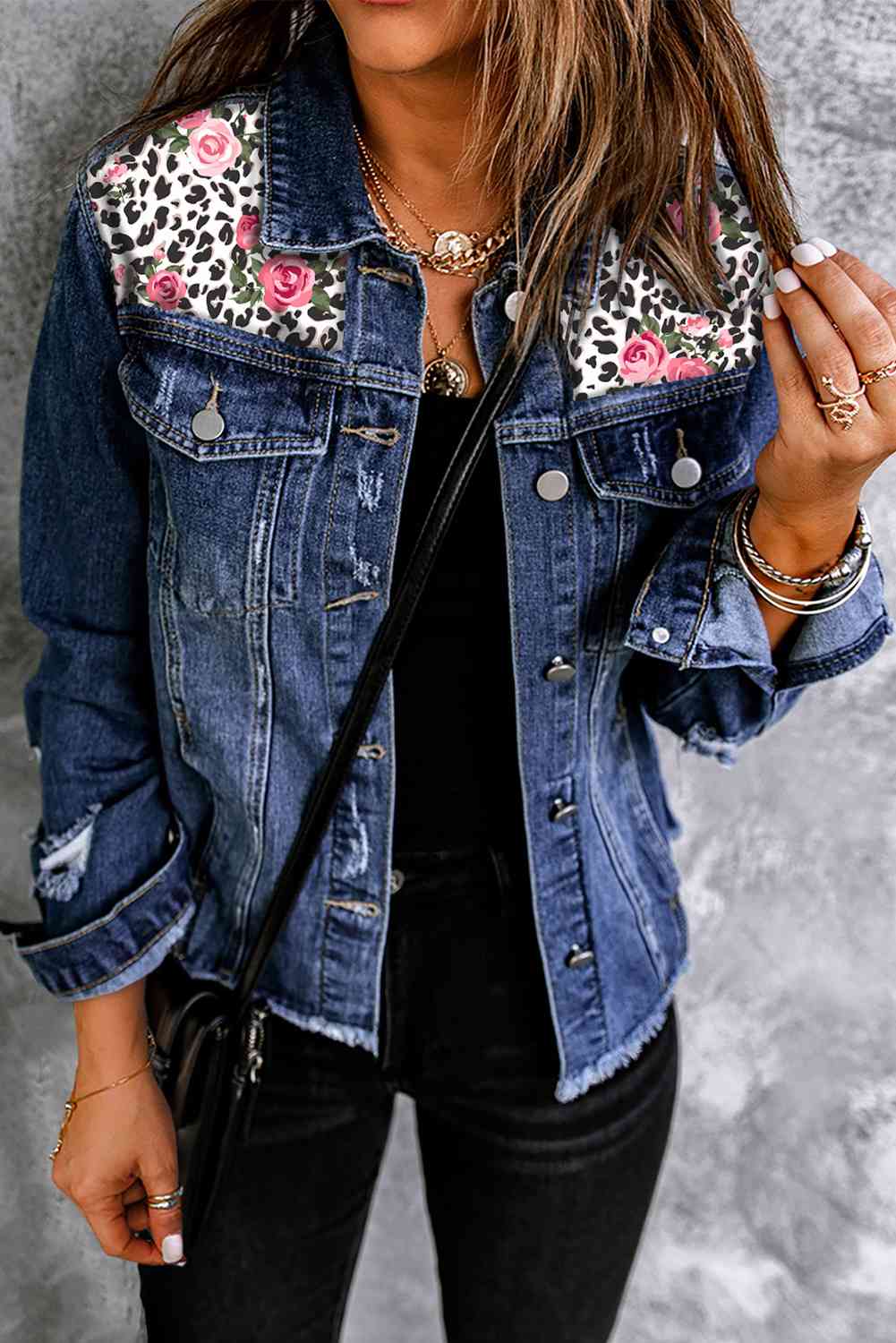 Mixed Print Distressed Button Front Denim Jacket Floral/Denim