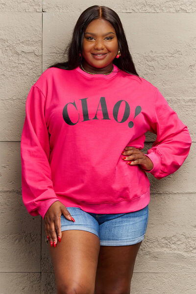 Simply Love Full Size CIAO！Round Neck Sweatshirt Deep Rose