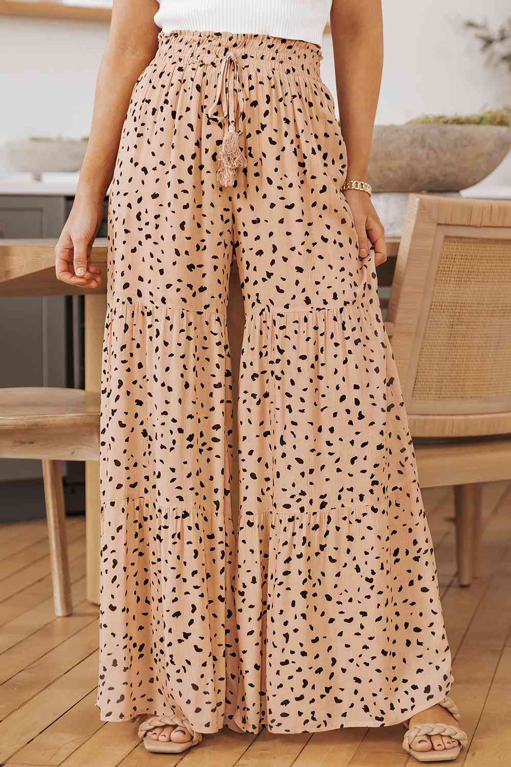 Printed Wide Tiered Pants Peach