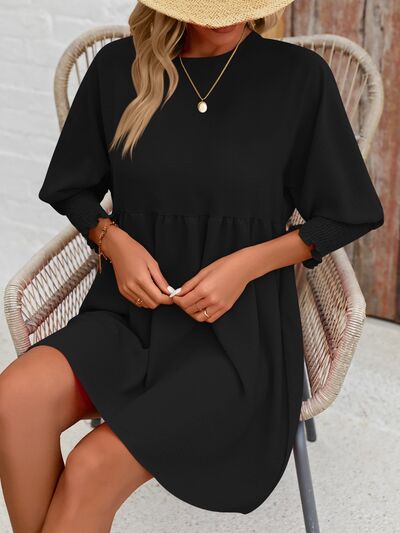 Round Neck Lantern Sleeve Mini Dress Black