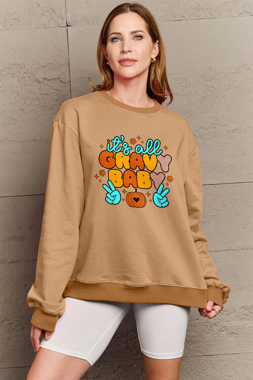 Simply Love Full Size IT'S ALL GRAVY BABY Long Sleeve Sweatshirt Camel