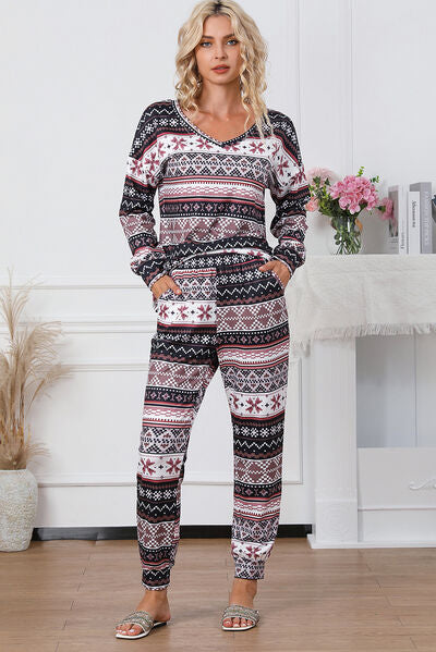 Printed V-Neck Top and Pants Lounge Set Multicolor