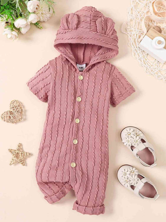 Baby Textured Button Front Hooded Jumpsuit with Ears Pink