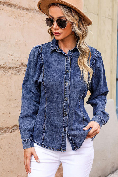 Button Up Collared Neck Denim Top Medium