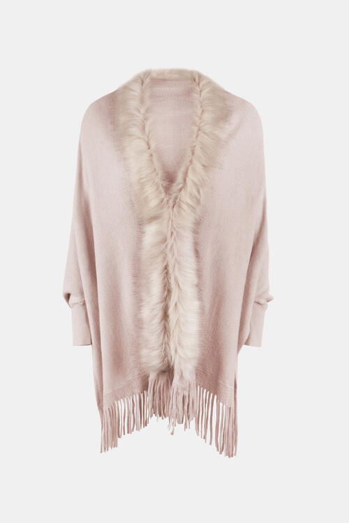 Fringe Open Front Long Sleeve Poncho Blush Pink One Size