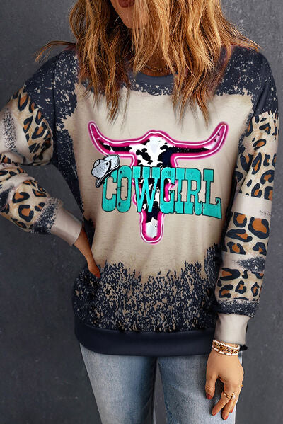 COWGIRL Leopard Round Neck Sweatshirt Black