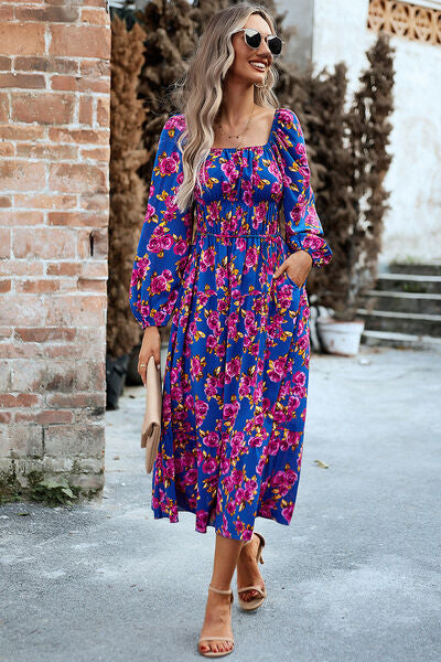 Printed Balloon Sleeve Pocketed Midi Dress Magenta