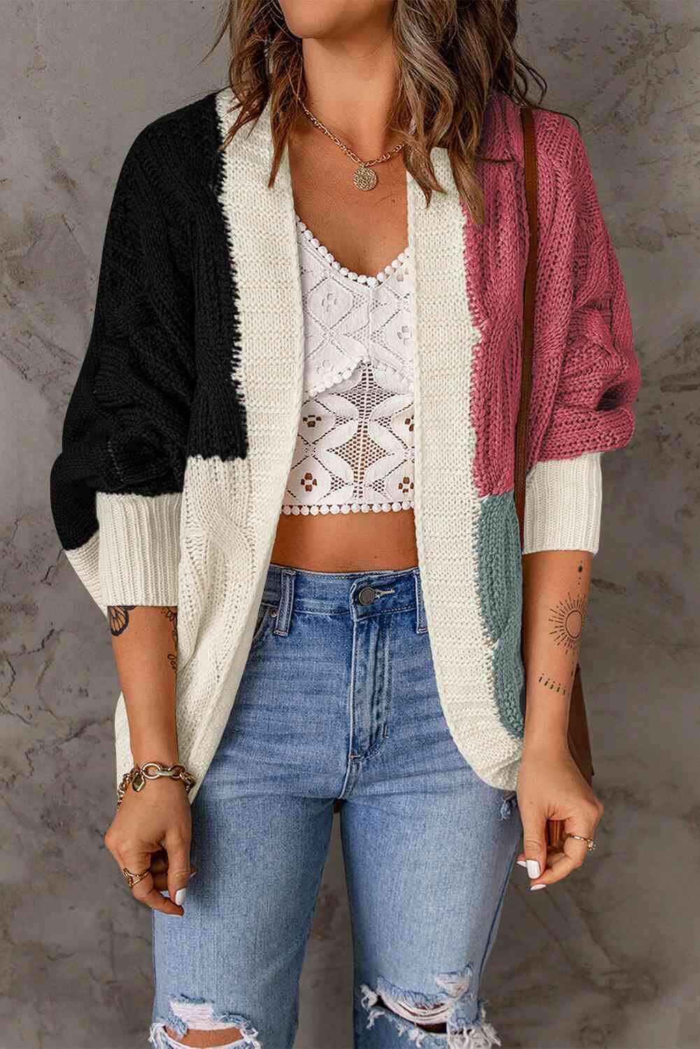 Woven Right Color Block Cable-Knit Batwing Sleeve Cardigan Black/Pink