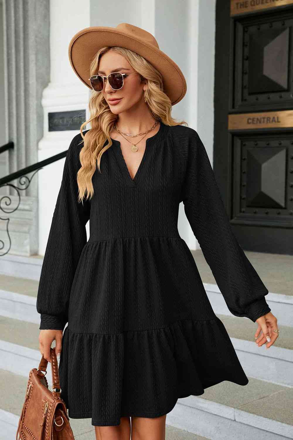 Notched Neck Long Sleeve Mini Dress Black