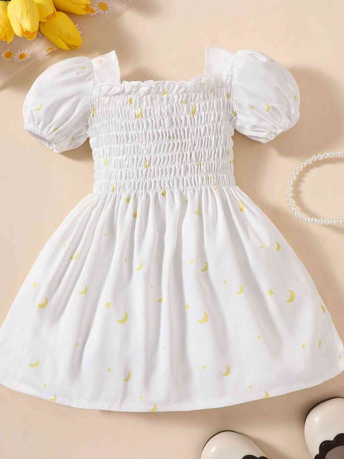 Baby Girl Printed Square Neck Smocked Dress White