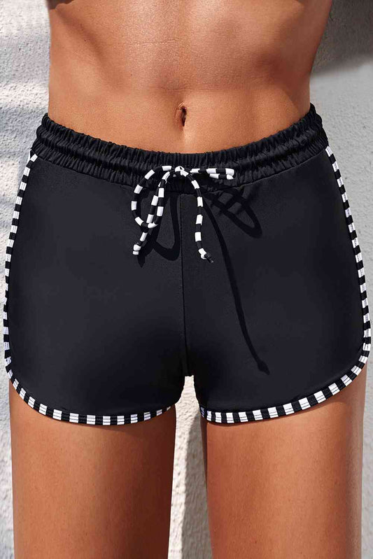 Full Size Contrast Drawstring Waist Swim Shorts Black