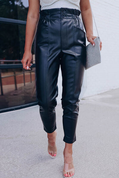 High Waist PU Leather Cropped Pants Black