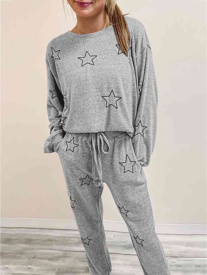 Star Print Long Sleeve Top and Pants Lounge Set Cloudy Blue