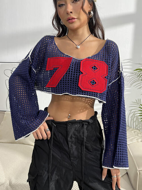 Contrast Patches Long Sleeve Cropped Knit Top Navy