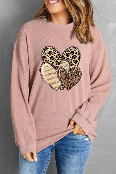 Heart Ribbed Round Neck Sweatshirt Blush Pink