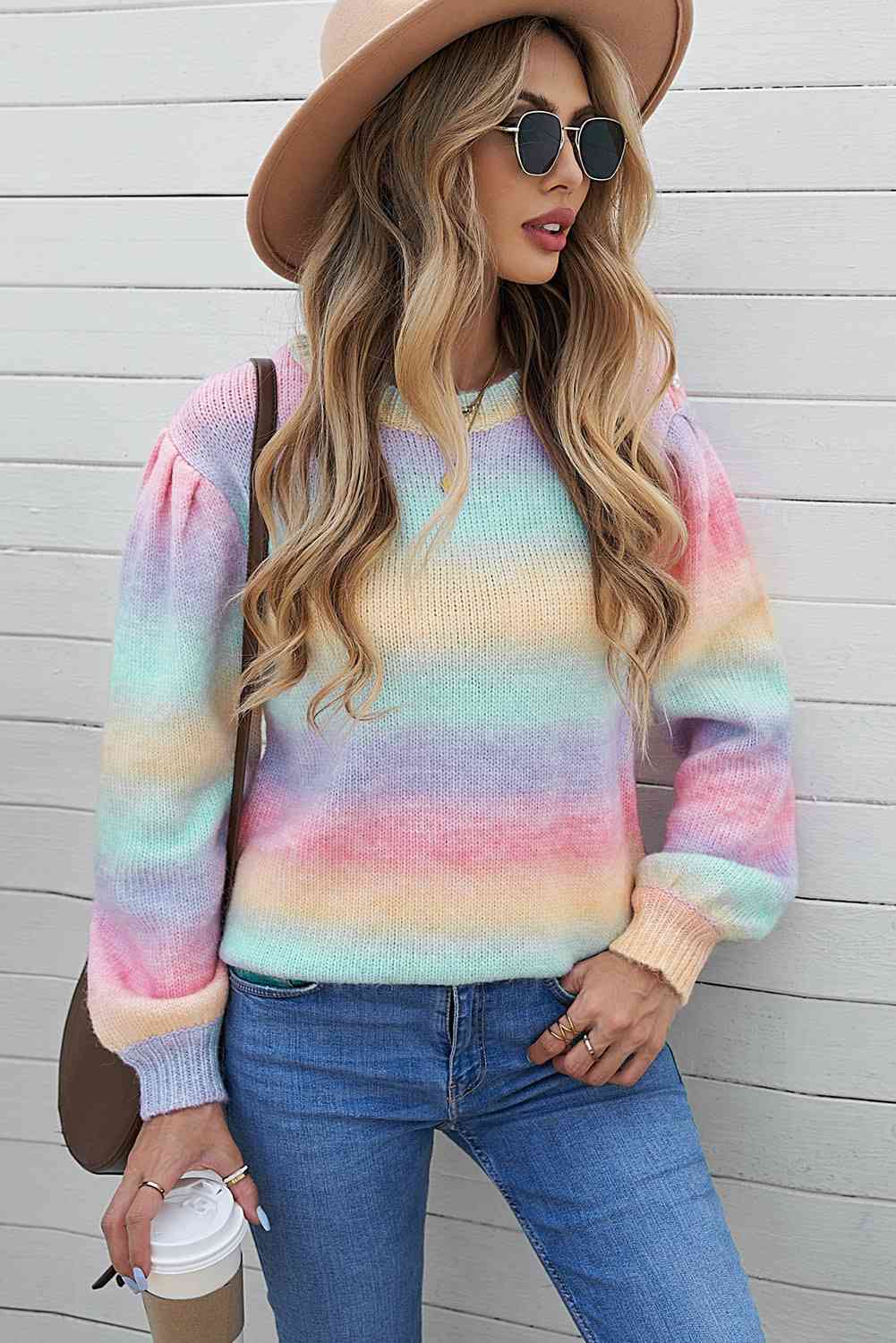 Woven Right Gradient Stripes Bishop Sleeve Sweater Multicolor