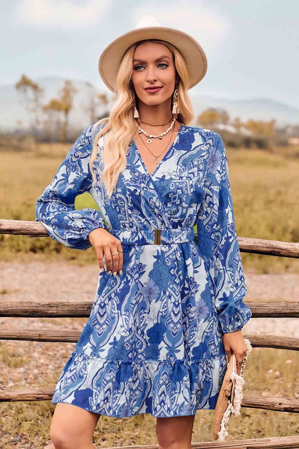 Printed Surplice Neck Long Sleeve Dress Royal Blue