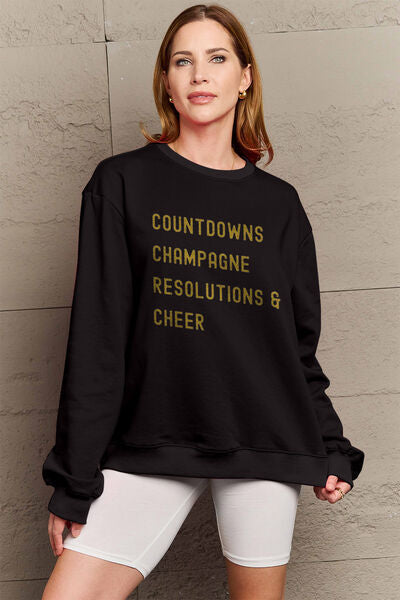 Simply Love Full Size COUNTDOWNS CHAMPAGNE RESOLUTIONS & CHEER Round Neck Sweatshirt Black