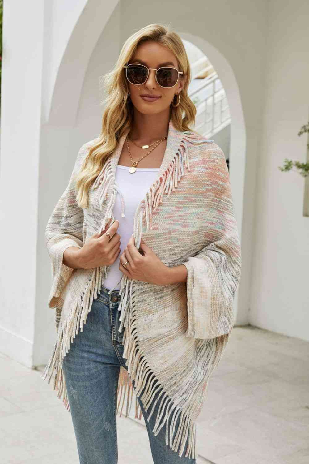 Multicolored Fringe Trim Poncho Sand One Size