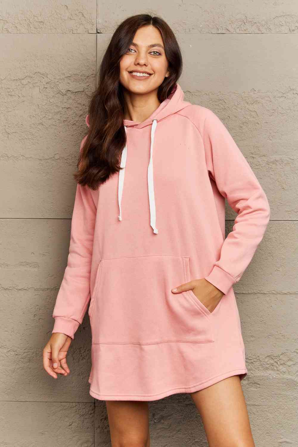 Ninexis Full Size Front Pocket Raglan Sleeve Hooded Dress Peach