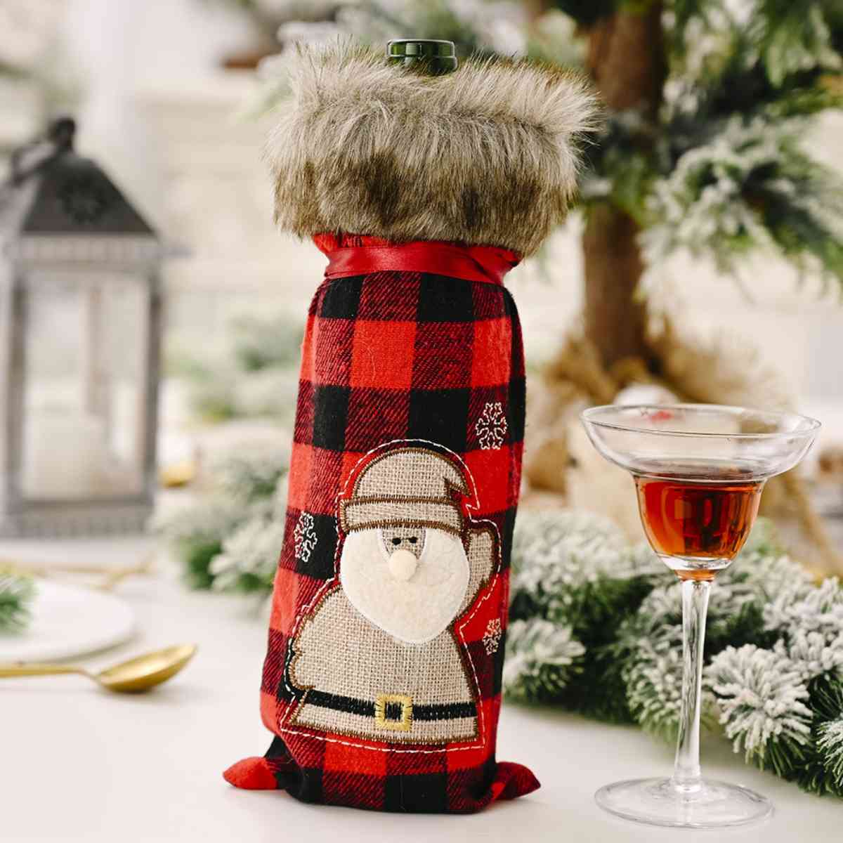 Christmas Graphic Plaid Wine Bottle Cover Style A One Size