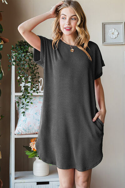 Heimish Full Size Ribbed Round Neck Short Sleeve Tee Dress Charcoal