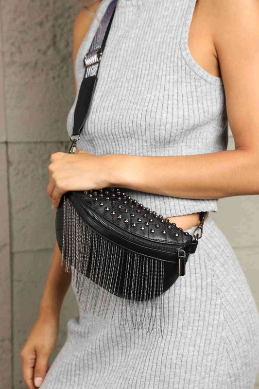 Adored PU Leather Studded Sling Bag with Fringes Black One Size