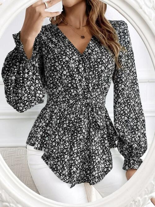 Printed V-Neck Tie Front Flounce Sleeve Blouse Black