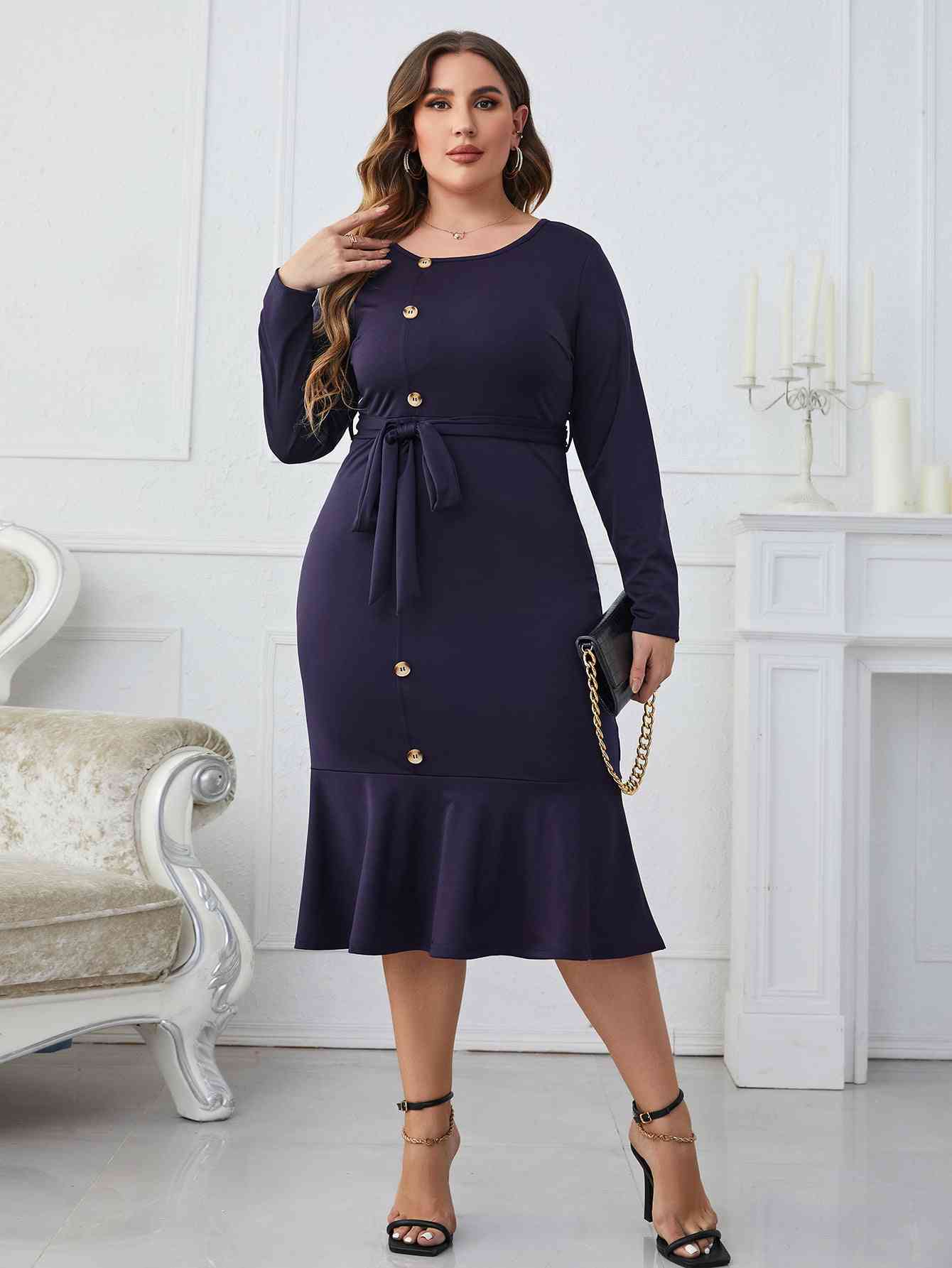 Melo Apparel Plus Size Buttoned Round Neck Tie Belt Midi Dress Blueberry